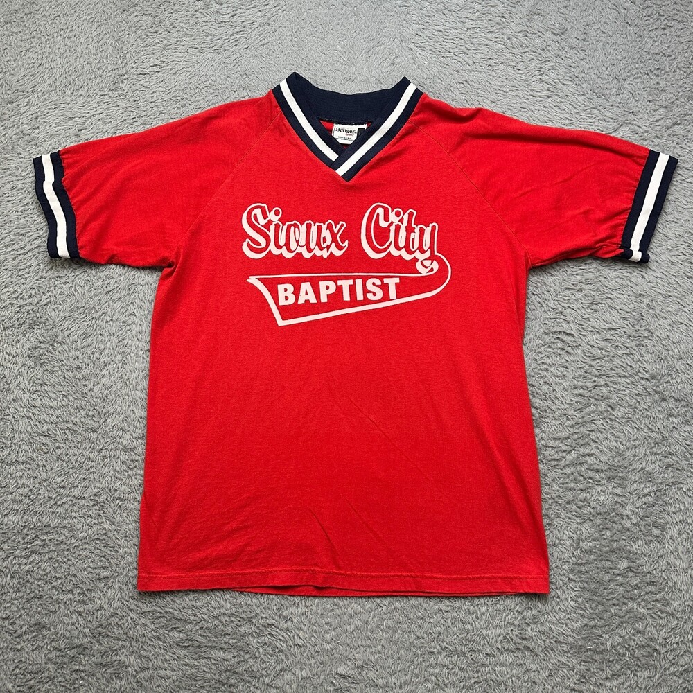 Vintage Sioux City Shirt Mens Large Red Baptist Baseball Jersey 80s Badger Sport
